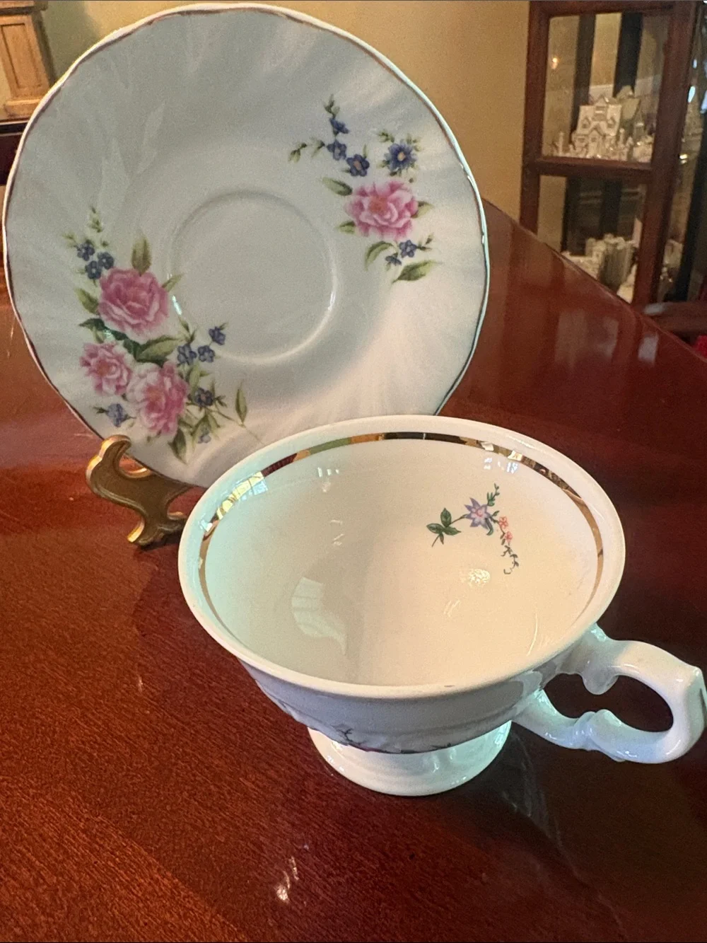 Delicate Pink Floral Porcelain Teacup and Saucer with Gold Trim